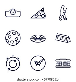 Time icon. Set of 9 Time outline icons such as wall clock, caveman, sundial, calendar, clock, digital clock, stopwatch