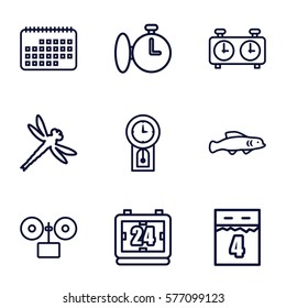 Time icon. Set of 9 Time outline icons such as calendar, 4th date calendar, clock, pendulum, stopwatch, alarm, extinct fish