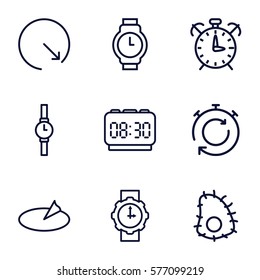 Time icon. Set of 9 Time outline icons such as wall clock, wrist watch, wrist watch for woman, sundial, alarm, digital clock, stopwatch