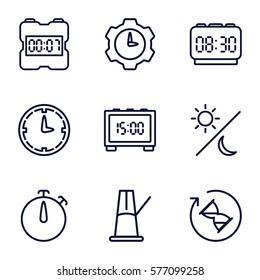 Time icon. Set of 9 Time outline icons such as wall clock, sun and moon, hourglass, pendulum, digital clock, gear clock