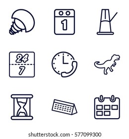 Time icon. Set of 9 Time outline icons such as 1st day calendar, calendar, 24 7 hour, hourglass, pendulum, stopwatch, extinct sea creature