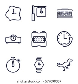 Time icon. Set of 9 Time outline icons such as wall clock, wrist watch, clock, digital clock, stopwatch
