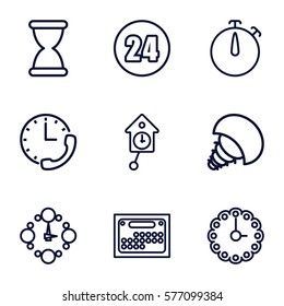 Time icon. Set of 9 Time outline icons such as wall clock, calendar, 24 hours, hourglass, pendulum, stopwatch