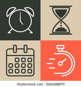 Juego de iconos de tiempo. Reloj de alarma, cristal de hora, iconos de calendario y cronómetro. Esquema de estilo plano. Aislado. 
