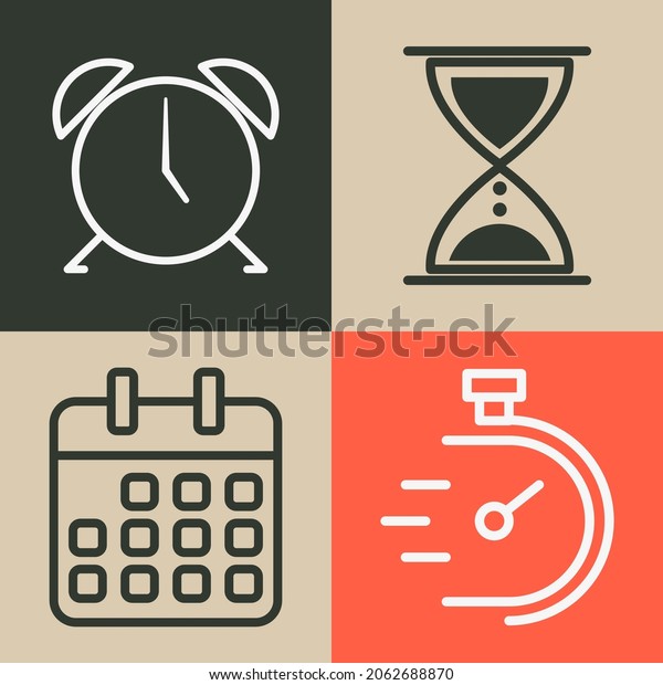 Time icon set. Alarm\
clock, hour glass, calendar and stopwatch icons. Flat style\
outline. Isolated. 