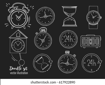 Time icon set in cartoon style on blackboard. Set of doodle sketch watches. Hand drawn alarm clock, sand glass, stop-watch and timer. 24 hours concept. Vector illustration.