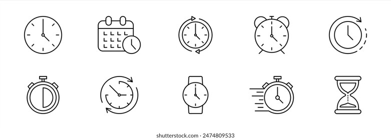 hora y reloj de estilo de línea delgada. Ilustración vectorial