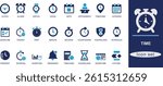 Time icon set. Clock, Watch, Timer, Alarm, Schedule, Calendar, Hour, Minute, Second
