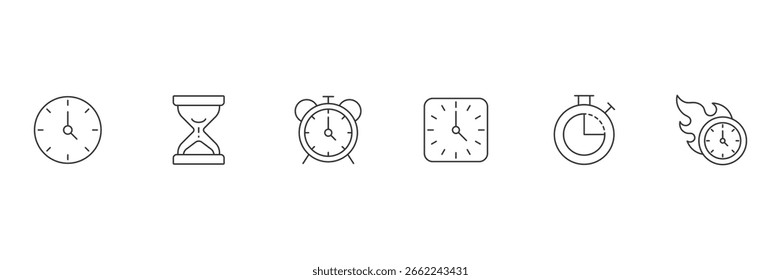 Ícone de hora definido. Ícones da Web de Hora e Relógio em estilo de linha. Coleção de ícones do timer. Temporizador, tempo, cronômetro, contagem regressiva, coleta. Ilustração vetorial. 