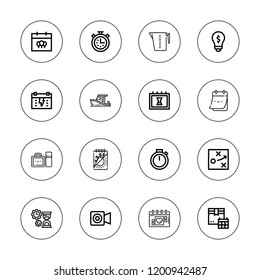 Time Icon Set. Collection Of 16 Outline Time Icons With Calendar, Chronometer, Date, Facetime, Investment, Measuring Cup, Lunchbox, Stopwatch, Ship, Strategy Icons.