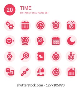 time icon set. Collection of 20 filled time icons included Management, Calendar, Clock, Alarm clock, Expresso, Mind, Night, Watch, Time, Agenda, Stopwatch, Wristwatch, Ship