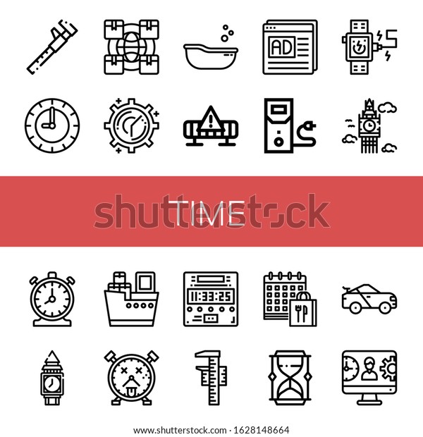 time icon set.\
Collection of Measure, Clock, Logistics, Baby tub, Works, Seo and\
web, Case data, Smartwatch, Big ben, Time management, Clock tower,\
Shipping, Alarm clock\
icons