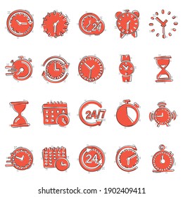 Time icon set in comic style. Agenda clock cartoon vector illustration on white isolated background. Sandglass, wristwatch timer splash effect business concept.