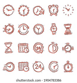 Time icon set in comic style. Agenda clock cartoon vector illustration on white isolated background. Sandglass, wristwatch timer splash effect business concept.