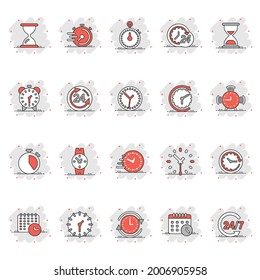 Time icon set in comic style. Agenda clock cartoon vector illustration on white isolated background. Sandglass, wristwatch timer splash effect business concept.