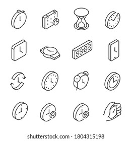 Tiempo, conjunto de iconos. Relojes electrónicos y mecánicos de diversas formas, iconos lineales. estilo isométrico. Línea con trazo editable