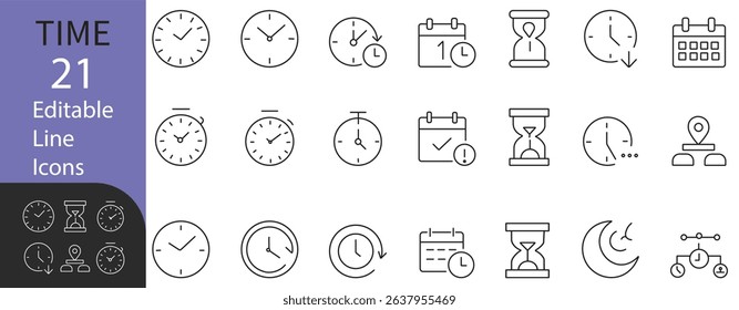 Time icon set featuring 21 editable line icons, including clocks, hourglasses, calendars, and time management symbols. Ideal for apps, infographics, UI,UX, and productivity-related designs.
