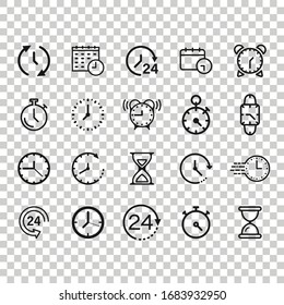 Time icon set in flat style. Agenda clock vector illustration on white isolated background. Sandglass, wristwatch timer business concept.