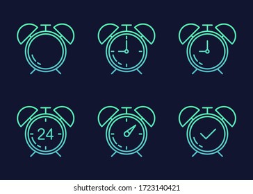 Icono de tiempo establecido en estilo plano. Colores de gradiente de alarma de reloj en fondo azul oscuro. Ilustración vectorial.