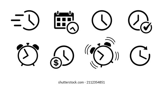 Time icon set in flat style. Fast time simple outline icon. Clock symbol Isolated on white background. Abstract alarm clock ringing icon in black. Vector illustration for graphic design, logo, Web, UI