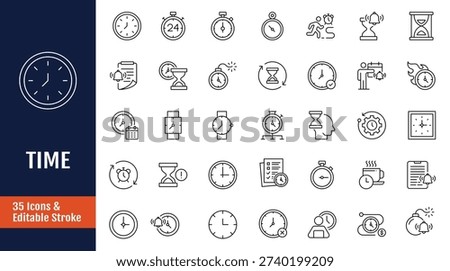 Time icon set. Icons related to Clock, sand clock, time and date, and more. Outline icon with Editable stroke. Vector illustration