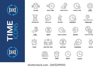 Time icon set. Line art icons Timer, alarm, schedule, hourglass, clock icons. Solid icon collection.