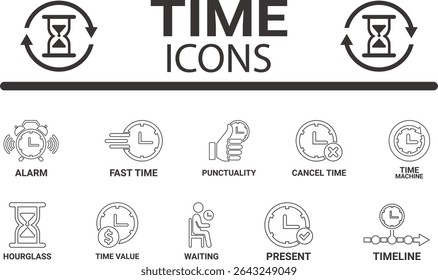 Time icon set. Line art icons Timer, alarm, schedule, hourglass, clock icons. Solid icon collection.