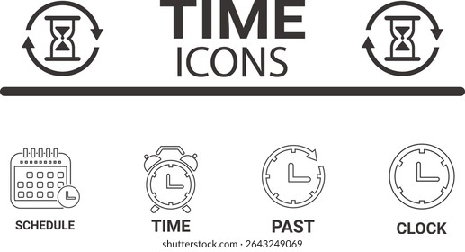 Time icon set. Line art icons Timer, alarm, schedule, hourglass, clock icons. Solid icon collection.