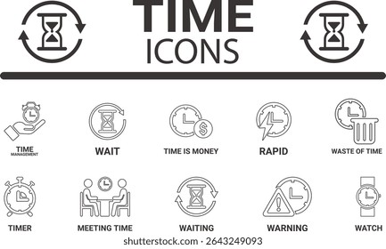 Time icon set. Line art icons Timer, alarm, schedule, hourglass, clock icons. Solid icon collection.