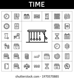 time icon set. line icon style. time related icons such as calendar, vhs, vertical, wall clock, clock, agenda, newtons cradle, sleep, task, watch, hourglass, tasks, cup