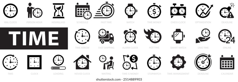 Time icon set. Outline icons collection. Timer, alarm, schedule, hourglass, clock, smart watch, waiting, loading and more. Vector illustration