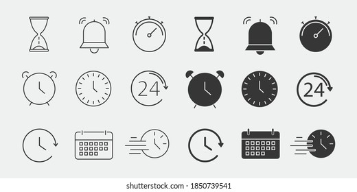 time icon set solid and outline clock hour glass calendar stopwatch