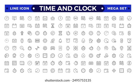 Icono de hora establecido. Temporizador, alarma, horario, reloj de arena, iconos de reloj. Hora de esquema y colección de iconos de reloj.
