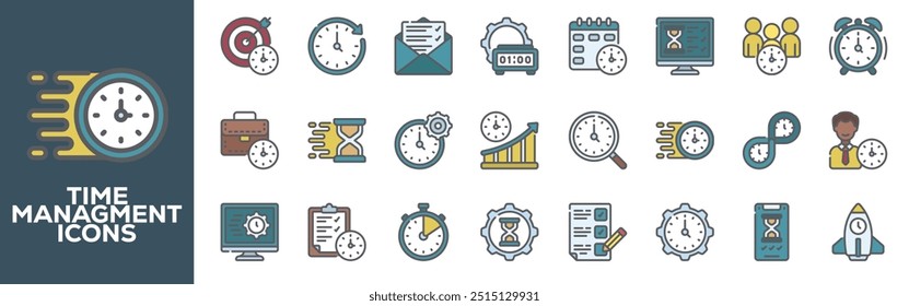 Conjunto de iconos de tiempo. Temporizador, alarma, horario, reloj de arena, iconos de reloj. Colección de iconos sólidos.