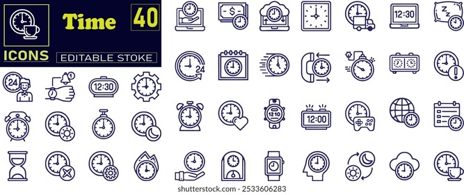 Time icon set. Timer, alarm, schedule, hourglass, clock icons. 