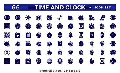 Time icon set. Timer, alarm, schedule, hourglass, clock icons. Solid time and clock icon collection.
