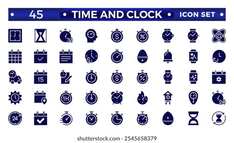 Time icon set. Timer, alarm, schedule, hourglass, clock icons. Solid time and clock icon collection.
