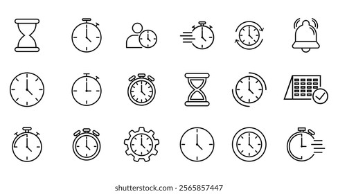 Time icon set. Timer, alarm, schedule, hourglass, clock icons, speed, restore, management, calendar, watch thin line symbols for web and mobile on white background.