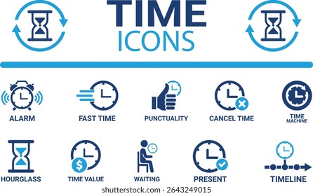Time icon set. Timer, alarm, schedule, hourglass, clock icons. Solid icon collection.