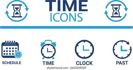 Time icon set. Timer, alarm, schedule, hourglass, clock icons. Solid icon collection.