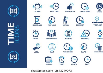 Time icon set. Timer, alarm, schedule, hourglass, clock icons. Solid icon collection.