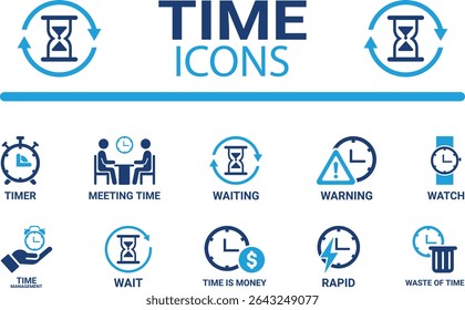 Time icon set. Timer, alarm, schedule, hourglass, clock icons. Solid icon collection.
