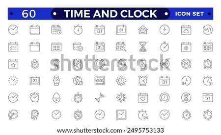 Time icon set. Timer, alarm, schedule, hourglass, clock icons. Outline time and clock  icon collection.
