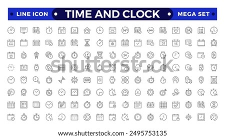 Time icon set. Timer, alarm, schedule, hourglass, clock icons. Outline time and clock  icon collection.
