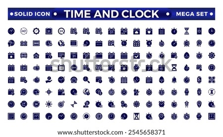 Time icon set. Timer, alarm, schedule, hourglass, clock icons. Solid time and clock icon collection.
