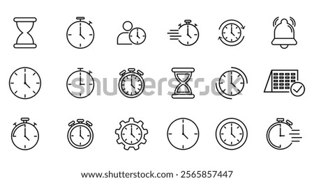 Time icon set. Timer, alarm, schedule, hourglass, clock icons, speed, restore, management, calendar, watch thin line symbols for web and mobile on white background.