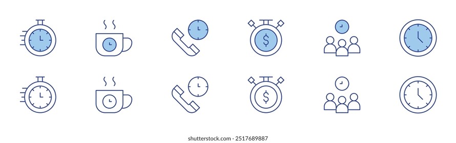 Time icon set in two styles, Duotone and Thin Line style. Editable stroke. deadline, sale time, teamwork, break time, clock, customer service.