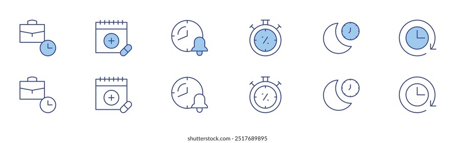 Time icon set in two styles, Duotone and Thin Line style. Editable stroke. limited time, part time, sleep, time, calendar.