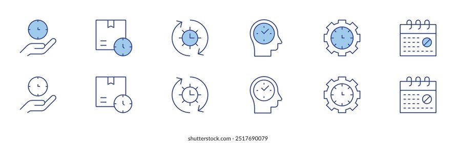 Time icon set in two styles, Duotone and Thin Line style. Editable stroke. time, time management, no weekend, delivery time.