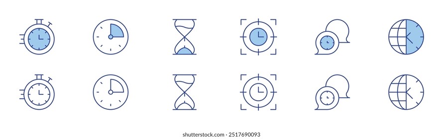 Time icon set in two styles, Duotone and Thin Line style. Editable stroke. stopwatch, minutes, target, hourglass, time management, time zone.